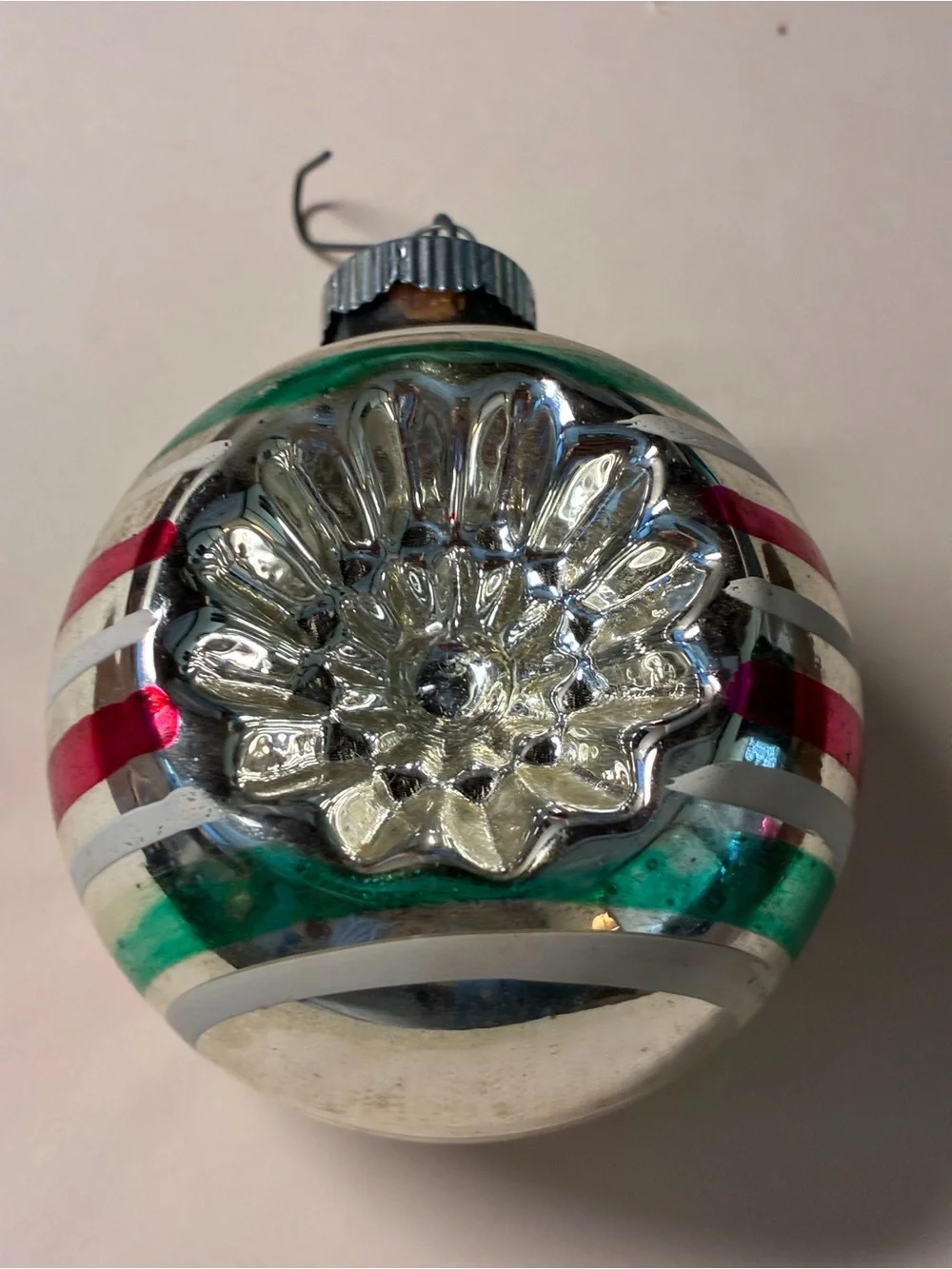 Vintage shiny  brite Silver Glass Holiday Ornament with Red and Green Accents